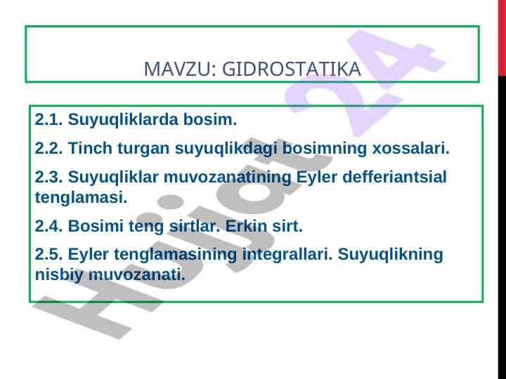 Gidrostatika suyuqliklarda bosim tahlili