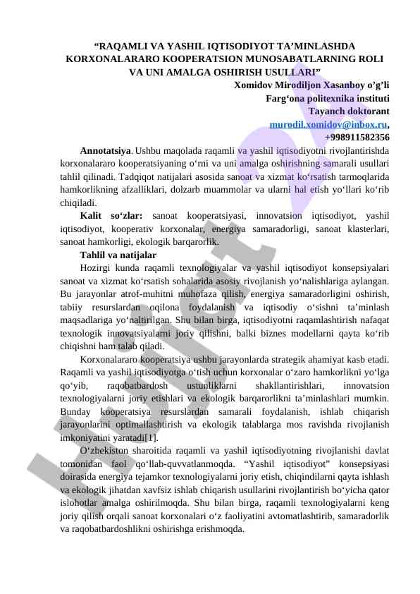 Raqamli va yashil iqtisodiyot ta’minlashda kooperatsiya