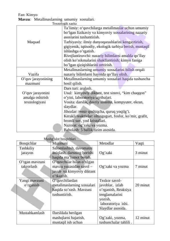 Metallmaslarning umumiy xossalari texnologik xarita