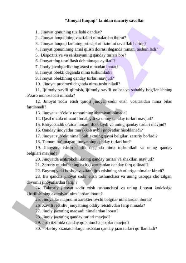 Jinoyat huquqi fanidan nazariy savollar