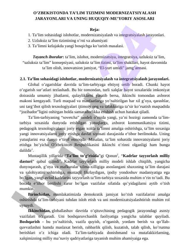 O'zbekistonda ta'lim tizimini modernizatsiyalash
