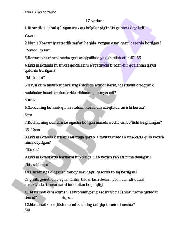 Husnixat sanʼati bo‘yicha savollar va javoblar