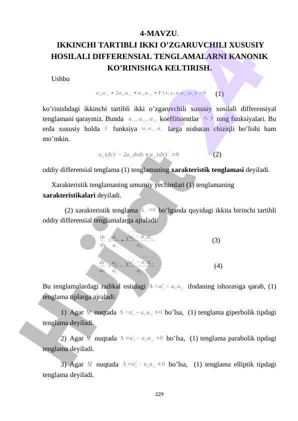 Ikkinchi tartibli ikkiga o’zgaruvchili differensial tenglamalar