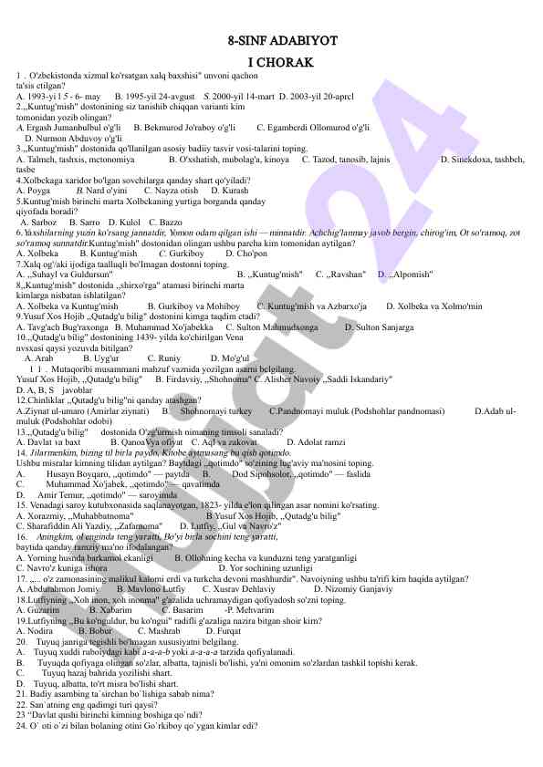 Adabiyot dasturi test savollari