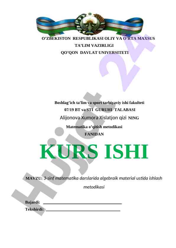 Matematika o'qitish metodikasi kurs ishida