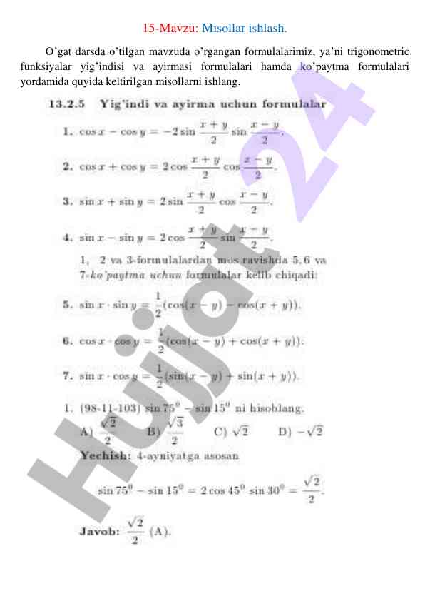 Trigonometric funksiyalar misollarini ishlash