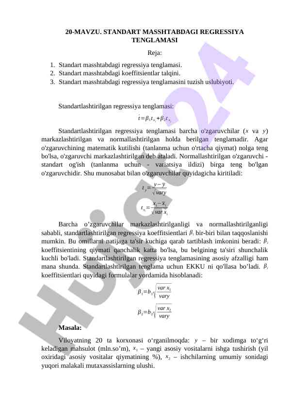 Standart Masshtabdagi Regressiya Tenglamasi