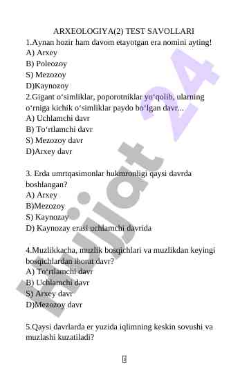 Arxeologiya test savollari taqdimoti