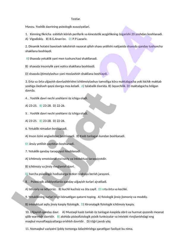 Yoshlik davrining psixologik xususiyatlari