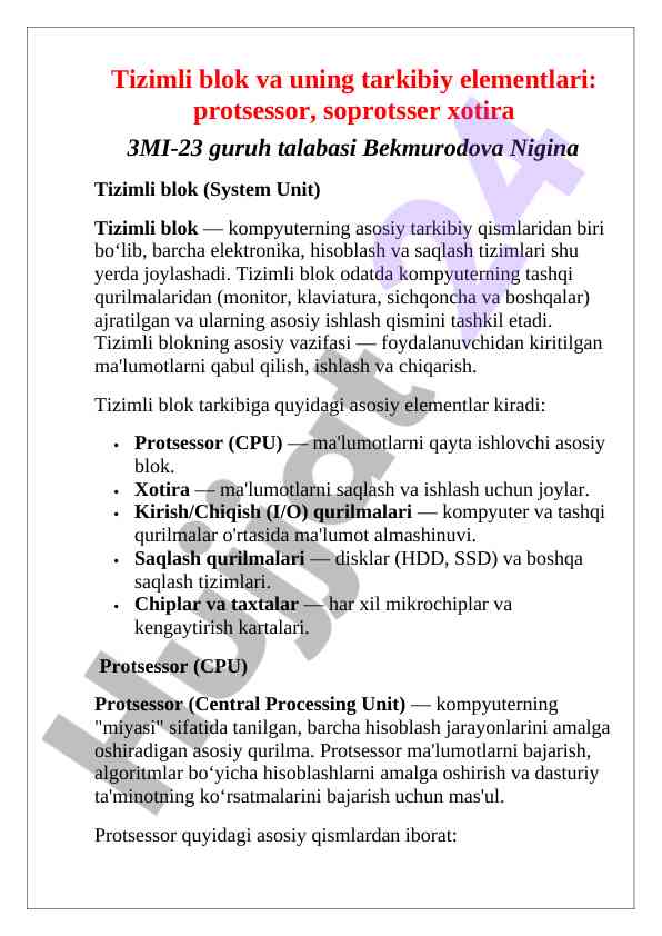 Tizimli blok va uning asosiy elementlari tahlili
