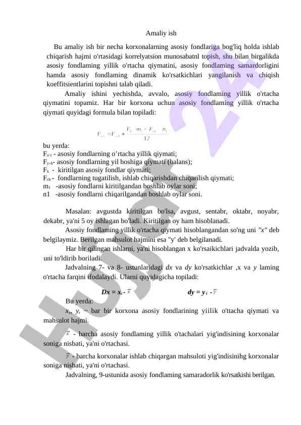 Asosiy fondlar va ularning yillik o'rtacha qiymati