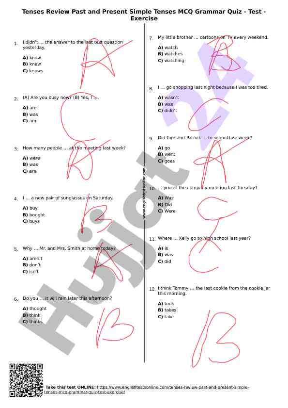 Past and present simple tenses mcq grammar quiz