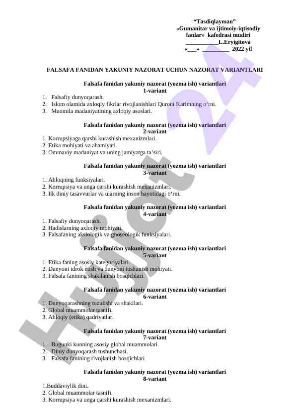 Falsafa fanidan yakuniy nazorat variantlari