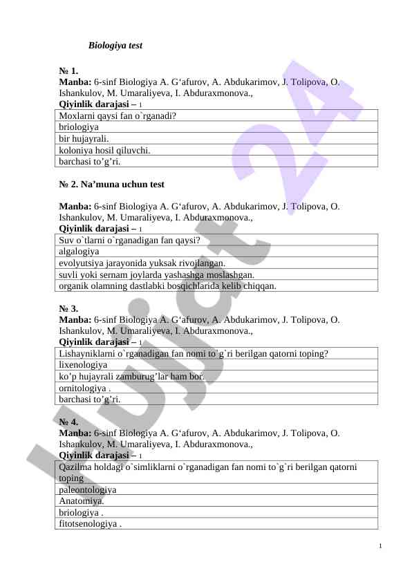 Biologiya testlarida qiyinlik darajalari