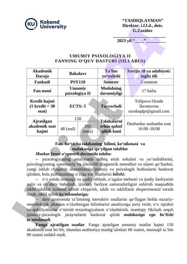 Umumiy psixologiya ii fanning o‘quv dasturi