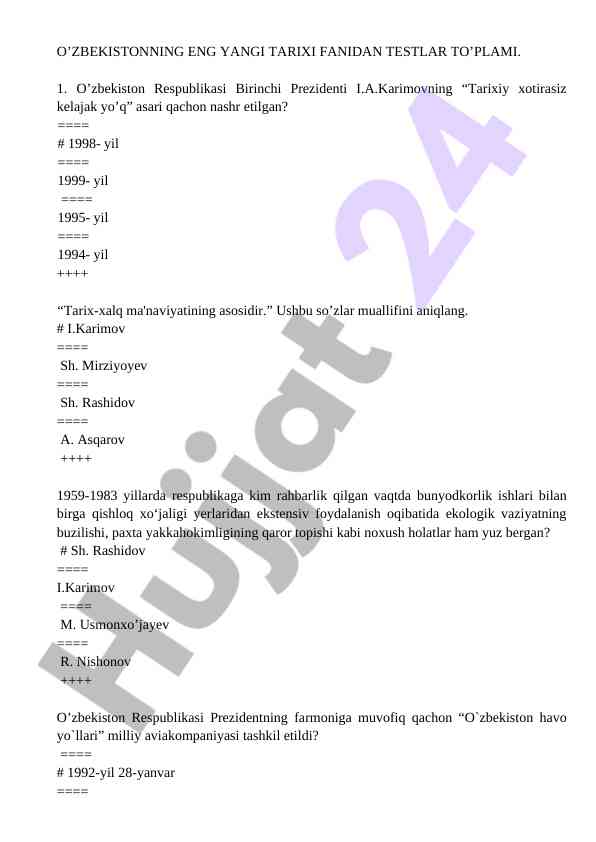 O’zbekiston tarixi fani uchun testlar to’plami
