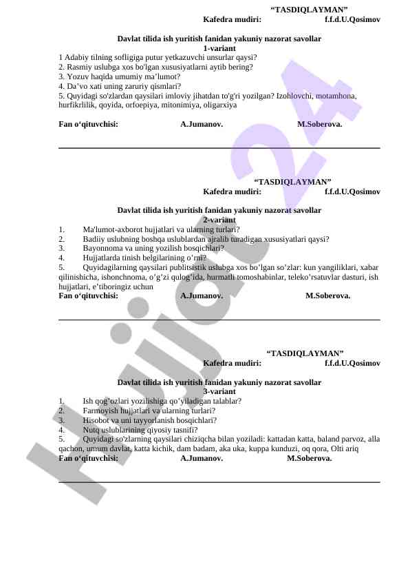 Davlat tilida ish yuritish fanidan yakuniy nazorat savollari