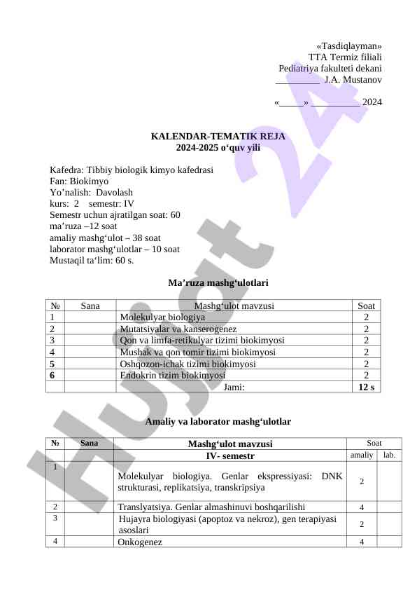 Biokimyo fanidan kalendar-tematik reja 2024-2025