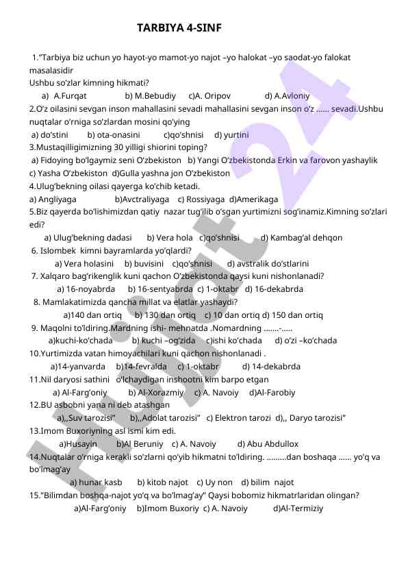 4-sinf tarbiya test savollari va javoblari