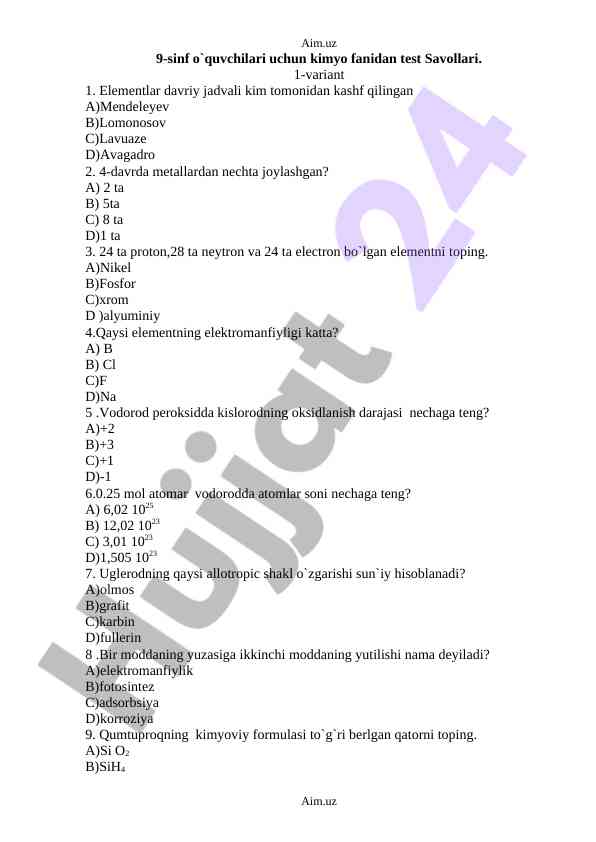 Kimyo fanidan 9-sinf o‘quvchilari uchun test savollari