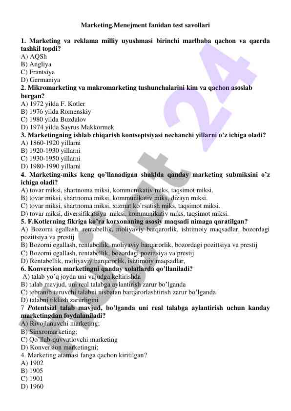 Marketing va menejment fanidan test savollari