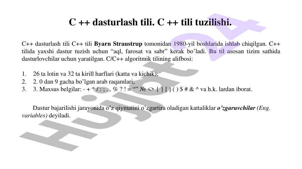 C++ dasturlash tili tuzilishi haqida o‘quv qo‘llanma