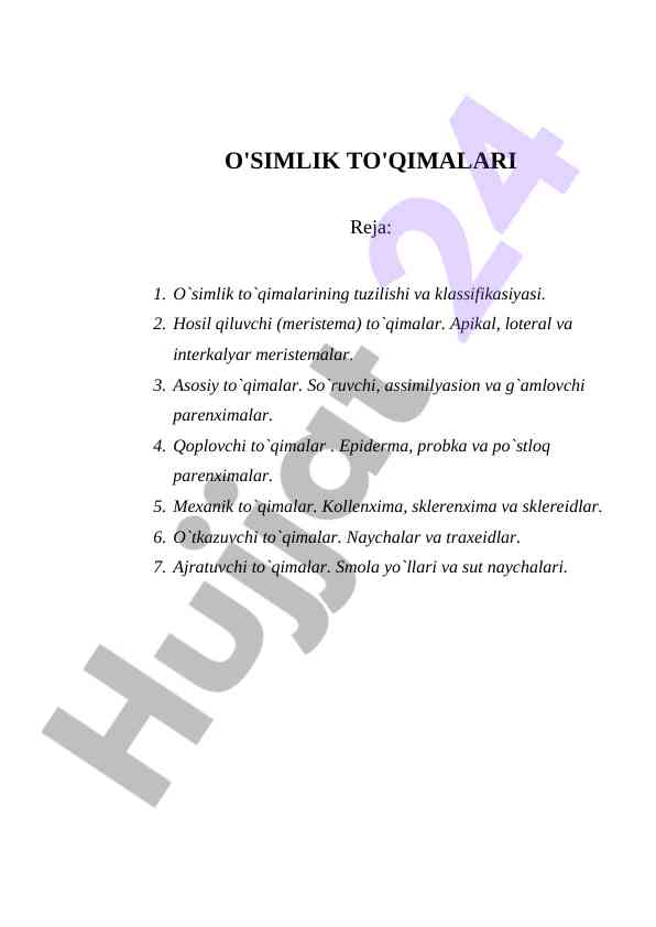 O'simlik to'qimalari tuziilishi va klassifikasiyasi