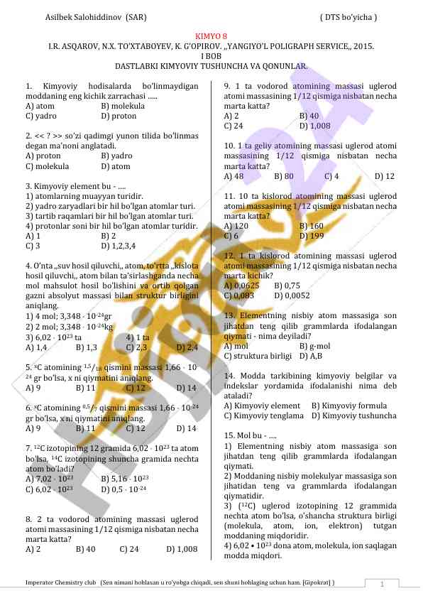 Kimyo testlari: kimyoviy tushunchalar va qonunlar