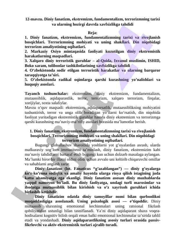 Diniy fanatizm va terrorizmning hozirgi tahdidi