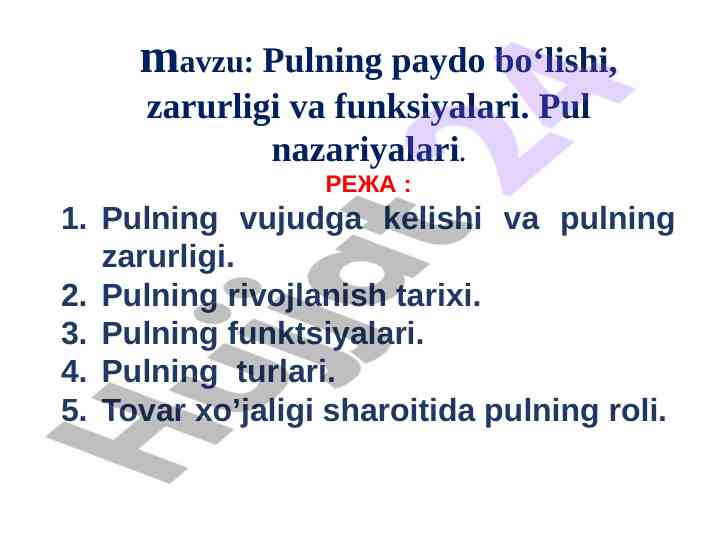 Pulning paydo bo‘lishi va funktsiyalari nazariyasi