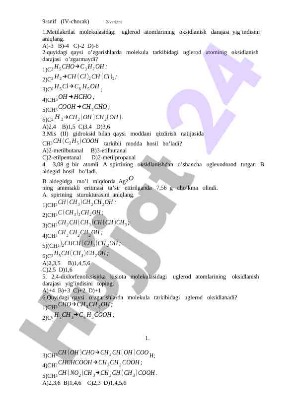 Uglerod atomlarining oksidlanish darajasini aniqlash