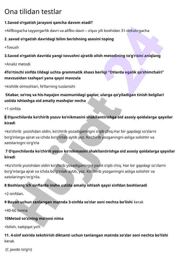 Ona tilidan savod o'rgatish testlari