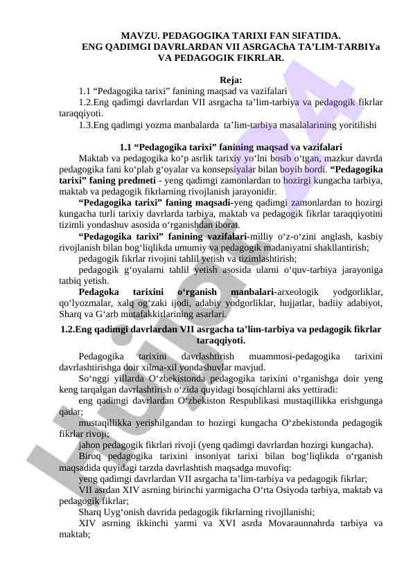 Pedagogika tarixi fan sifatida ta’lim-tarbiya