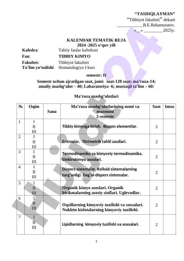 Tibbiy kimyo kalendar tematik reja 2024-2025