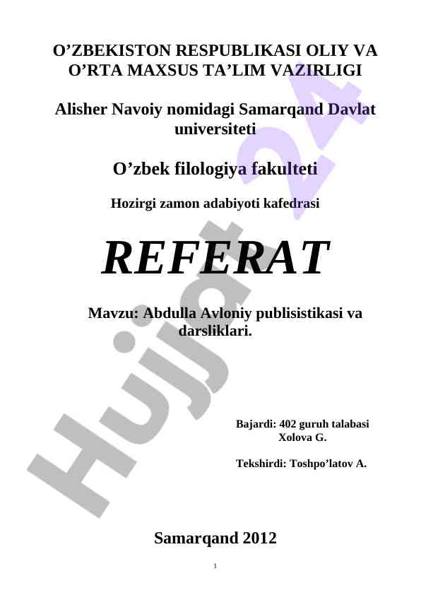 Abdulla avloniy publisistikasi va darsliklari