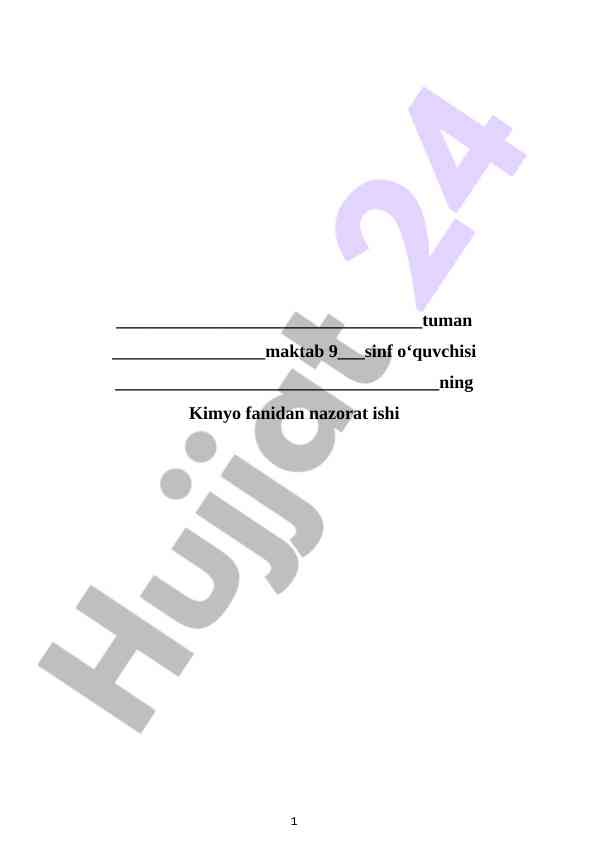Kimyo fanidan nazorat ishining test mavzulari