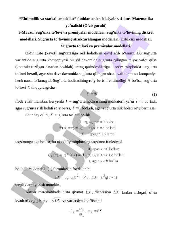 Sug'urta to'lovi va premiyalar modellari