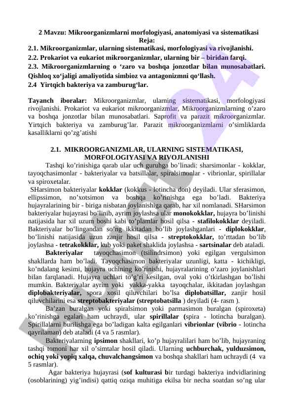 Mikroorganizmlarning morfologiyasi va sistematikasi