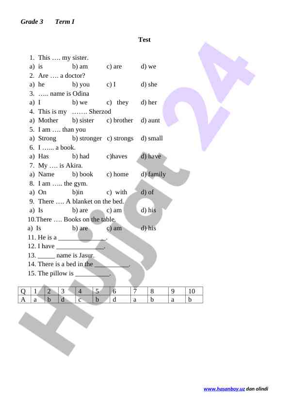 Grade 3 term i and ii english language test