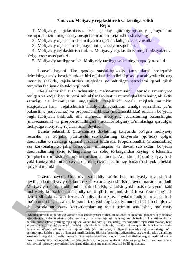 Moliyaviy rejalashtirish va tartibga solish asoslari