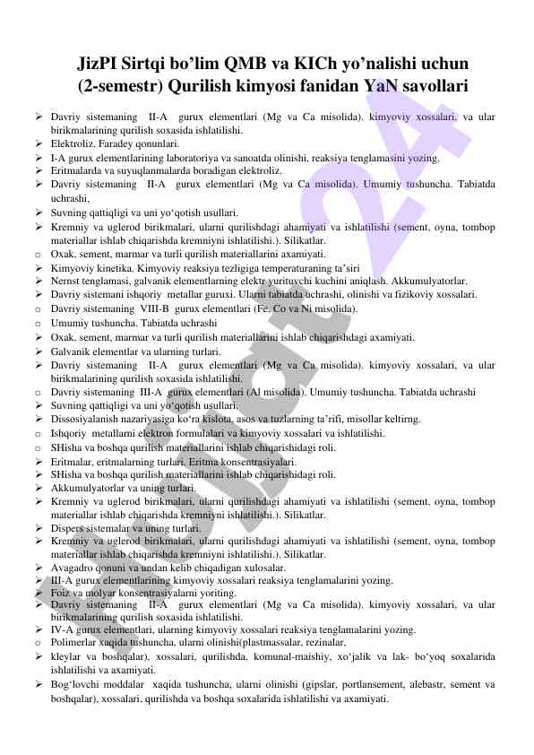 Qurilish kimyosi fanidan savollar va muammolar