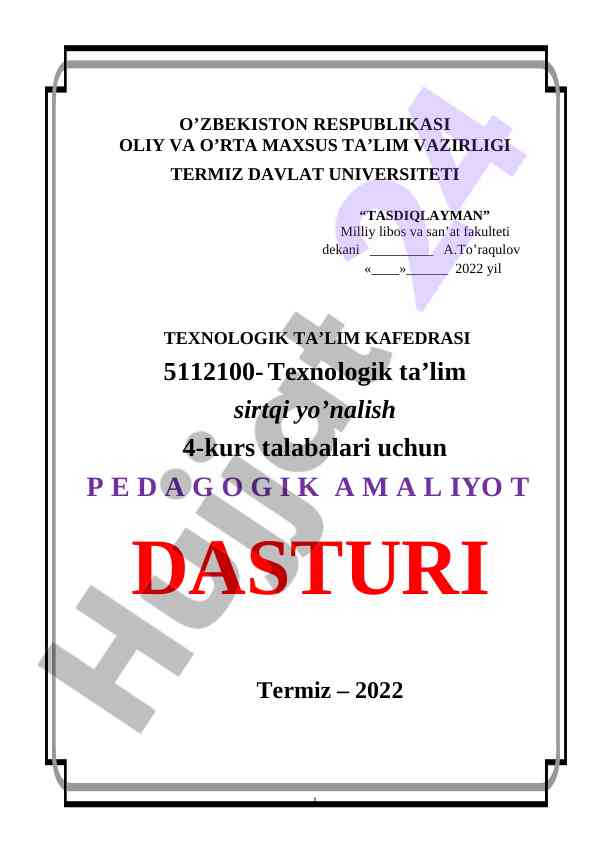Texnologik talim kafedrasi amaliyot dasturi 2022