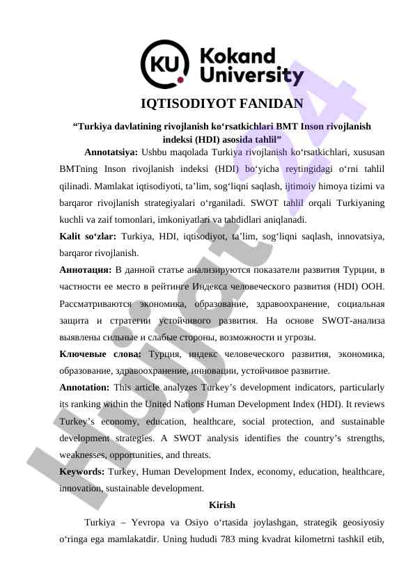 Turkiya davlatining rivojlanish ko‘rsatkichlari hdi tahlili