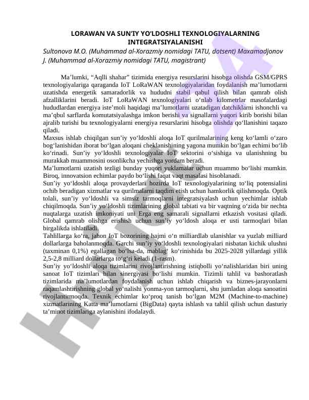 Integratsiya davrida lorawan texnologiyalari tahlili