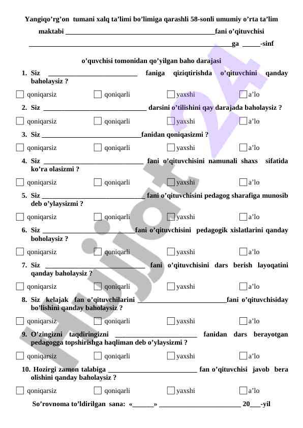 O‘qituvchi baholash anketasi bo‘yicha so‘rovnoma