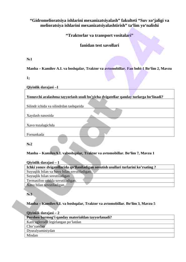 Traktorlar va transport vositalari test savollari №1