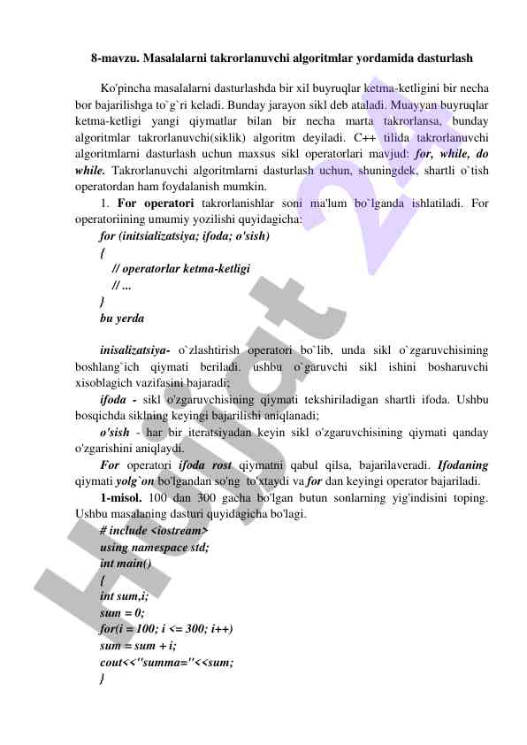 Takrorlanuvchi algoritmlar bilan dasturlash