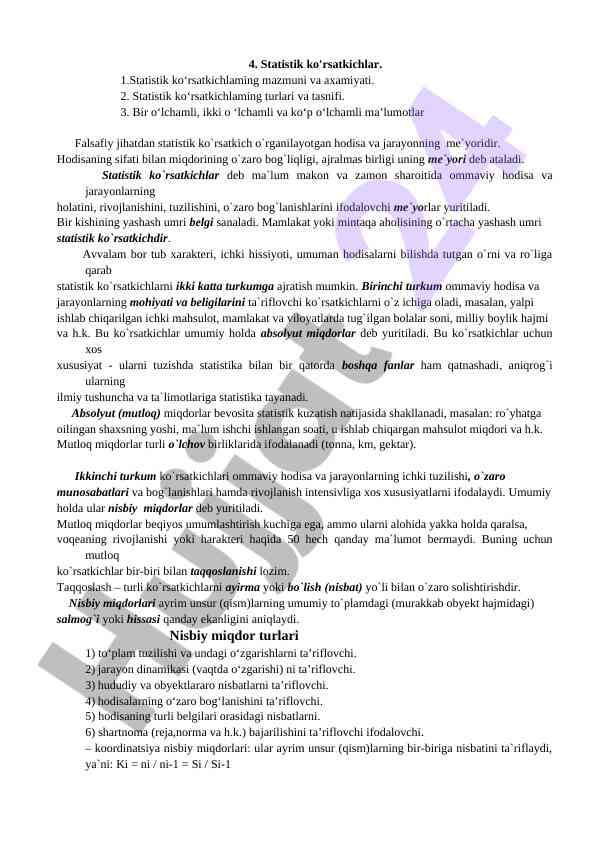 Statistik ko'rsatkichlar tabiati va tasnifi