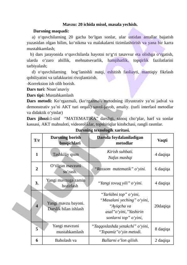 Matematika darsida 20 gacha sonlar bilan ishlash