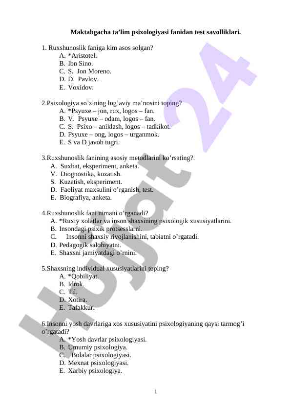 Maktabgacha ta’lim psixologiyasi fanidan test savollari